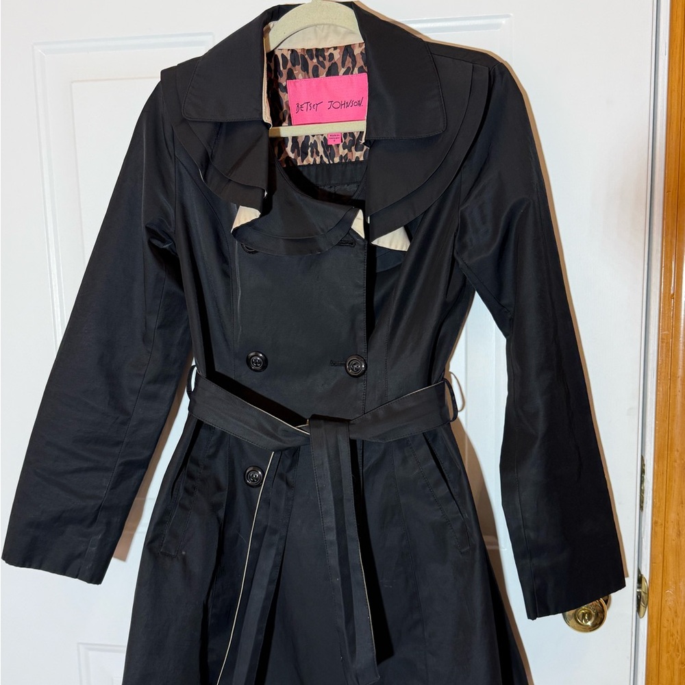 Betsey Johnson Black Double-Breasted Trench Coat with Belt & Ruffle Feature